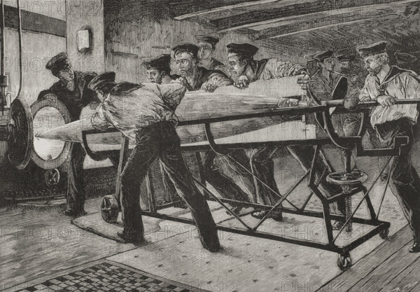 Torpedo practice on board HMS Thunderer, preparing to launch a Whitehead Fish Torpedo..., 1878. Creator: Unknown.