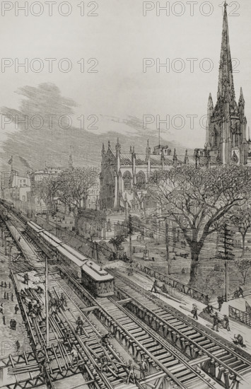 Panoramic view of the new elevated railway, Gilbert system, taken from New Church St, New York 1878. Creator: Unknown.