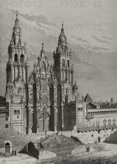 Main facade or Obradoiro, Cathedral of Santiago de Compostela, Galicia, Spain, 1878.  Creators: Manuel Nao, Bernardo Rico.