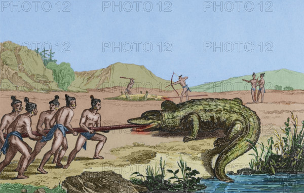 Crocodile hunting, Florida, 16th century French expedition, (1837), (1850).   Creator: Claude-Francois Fortier.