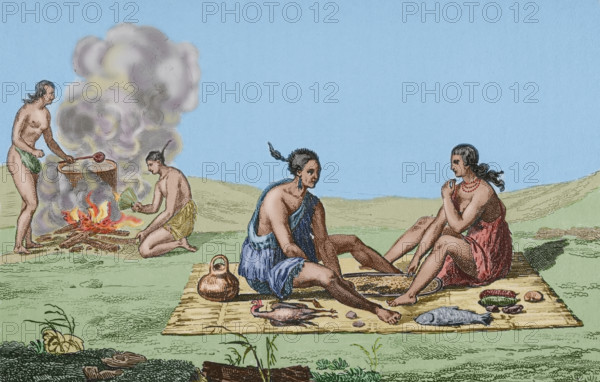 Food and meal preparation, Seminoles Indians, Florida, 16th century French expedition, (1837) (1850) Creator: Unknown.