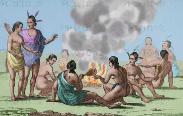 Seminoles Indians celebrating seated around a fire, Florida, 16th century, (1837) (1850).  Creator: Emile Louis Vernier.
