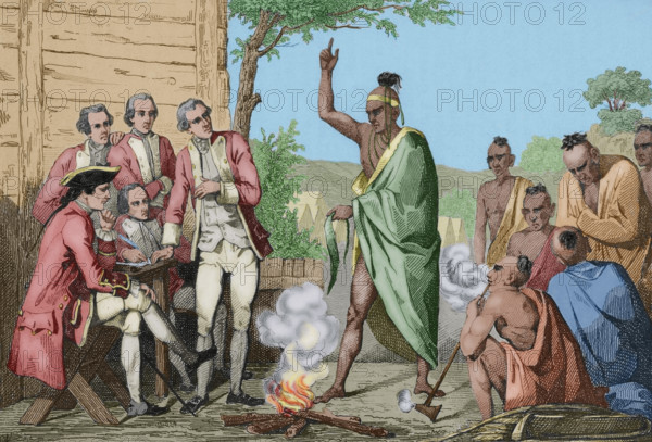 Native American council and conquistadors meeting around a fire, United States, 1837, (1850). Creator: Emile Louis Vernier.