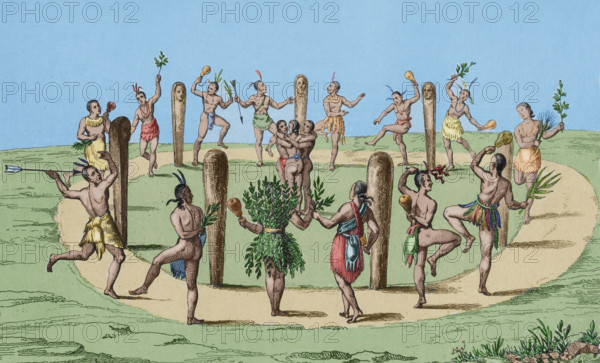 Native American dance, Virginia, 16th century, (1836), (1850). Creator: Emile Louis Vernier.