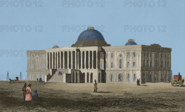 The building of the US Capitol...first phase of construction, Washington DC, 1837, (1850).  Creator: Jules Louis Arnout.