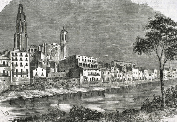 Girona, Catalonia, Spain, 1853. View of the city.  Creator: Coderch.