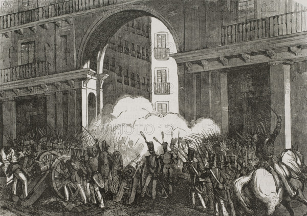Defense of the Plaza Mayor, Madrid, Spain on July 7, 1822, (1853). Creators: Bernardo Rico, Miranda.