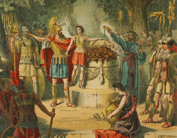 Hannibal in the Temple of Carthage with his father Hamilcar Barca..., 1881. Creator: Unknown.