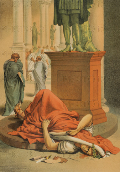 Assassination of Julius Caesar in Rome, on March 15, 44 BC, stabbed by Roman..., 1882.  Creator: Unknown.