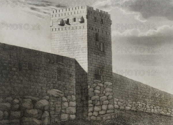 Archbishop's Tower and Roman wall constructed over the remains of the Cyclopean wall...Spain, 1853.  Creator: Antonio Roca Sallent.