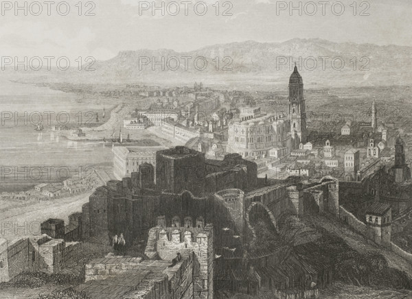 Panoramic view of the city of Malaga, Andalusia, Spain, 1853. Creator: Antonio Roca Sallent.