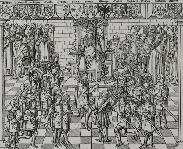 Pope Urban II, (1042-1099) preaching at the Council of Clermont, 1095, 1522 (1877).  Creator: Unknown.