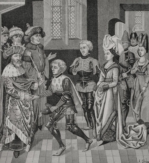 Coloman, (1070-1116), King of Hungary receiving Walter Sans Avoir..., 15th century (1877).  Creator: Unknown.