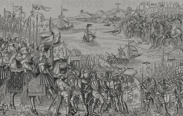 Disembarkation of the Crusaders at Damietta, (Nile Delta) on 5 June 1249, 1522, (1877).  Creator: Unknown.