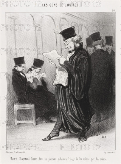 Maitre Chapotard lisant dans un journal judiciaire l'éloge de lui même par lui même, 1846. Creator: Honore Daumier.