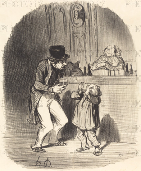 Un père qui fait sucer à son fils le lait des bons principes, 1847.  Creator: Honore Daumier.