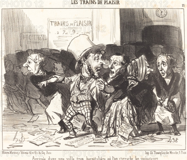 Arrivée dans une ville trop hospitalière où l'on s'arrache les voyageurs, 1852.  Creator: Honore Daumier.