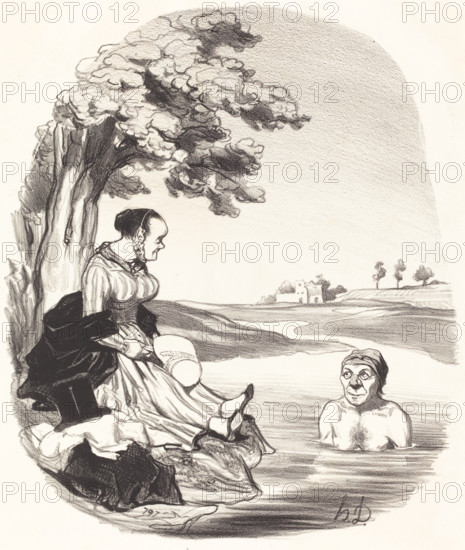 L'eau est délicieuse... je t'assure que tu as bien tord de ne pas venir me rejoindre..., 1845.  Creator: Honore Daumier.