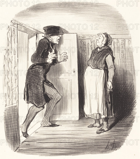 Inconvénient de visiter, sans précaution, un entresol dont le plafond est un peu trop bas, 1847. Creator: Honore Daumier.