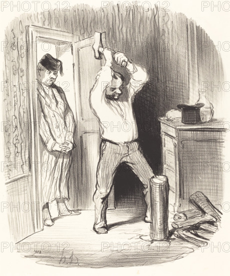 Est-il dieu permis... fendre du bois dans ma salle à manger!..., 1847. Creator: Honore Daumier.