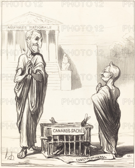 Les Augures de l'Empire s'apprêtant à consulter les entrailles des canards sacrés..., 1850.  Creator: Honore Daumier.