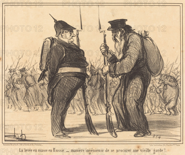 La levée en masse en Russie - manière ingénieuse de se procurer une vieille garde!..., 1855.  Creator: Honore Daumier.