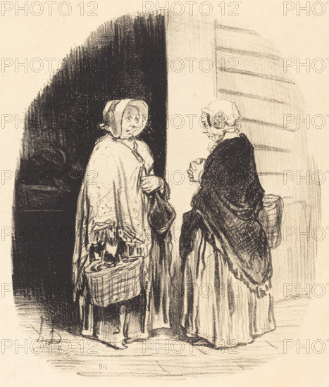Oui, madame Chaboulard... vingt-quatre épiciers... [recto], 1850. Creator: Honore Daumier.