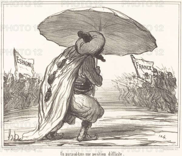 Un parasol dans une position difficile, 1859. Creator: Honore Daumier.