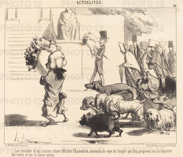 Les caniches et les rentiers allant féliciter l'Assemblée nationale..., 1850. Creator: Honore Daumier.