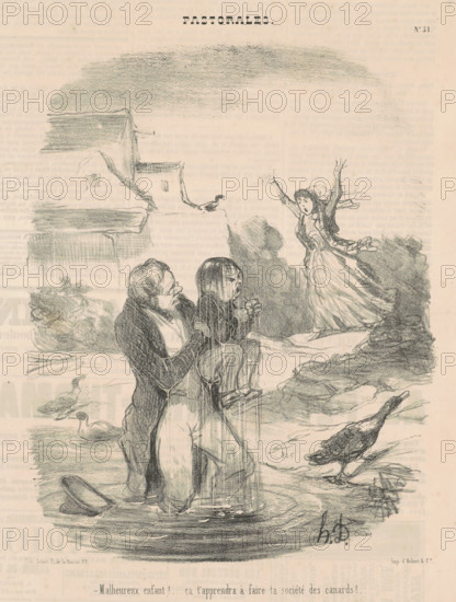 Malheureux enfant! ... ça t'apprendra à faire ta société des canards!..., c 1845. Creator: Honore Daumier.