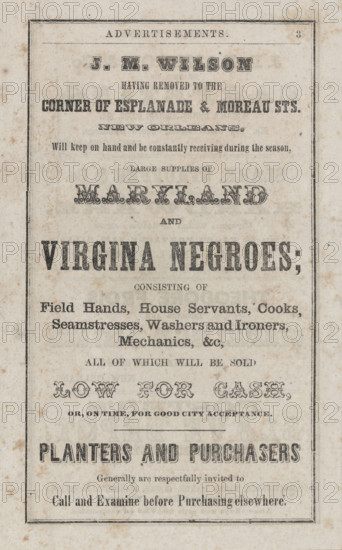 Poster advertising sale of slaves from Maryland and Virginia, c1857.  Creator: Unknown.