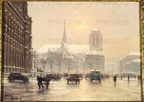 Notre-Dame seen from the square at Hotel de Ville, in snowy weather, c1930. Creator: Henry Malfroy.
