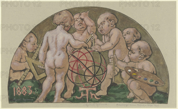 Putti with armillary sphere from the (destroyed) mosaic at the "Zum Kaiser Karl" house..., c1882-83. Creator: Hans Thoma.