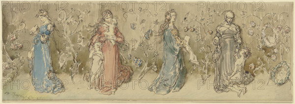 Four allegorical female figures, 1875. Creator: Wilhelm Busch.