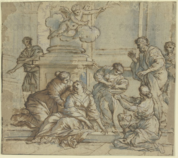 A woman slumped against a pillar is supported by three others, one holding a washbasin... Creator: Giuseppe Nicola Nasini.
