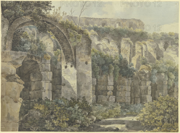 Roman ruins with a large arch and high walls, overgrown with plants, 18th century. Creator: Unknown.