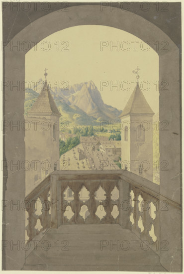 Wooden balcony with stairs, view of a Tyrolean village, snow-capped mountains..., 19th century. Creator: Karl Ballenberger.