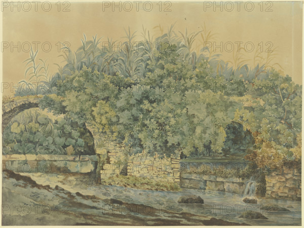 Dilapidated stone bridge over a stream, overgrown with bushes and plants, 18th century. Creator: Unknown.