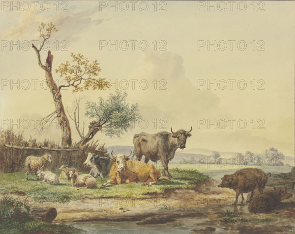 Cattle grazing by a fence, two pigs on the right, late 18th century. Creator: Pieter Gerardus van Os.