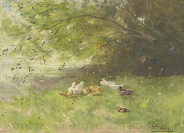 Riverbank with resting ducks, 19th century. Creator: Dierkx.