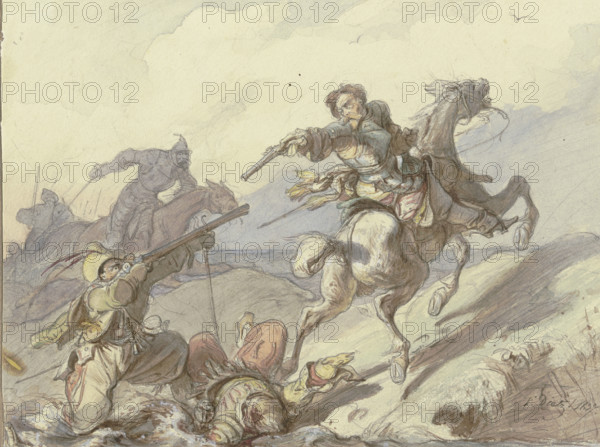 Attack on knights, 1837. Creator: Friedrich Dietz.