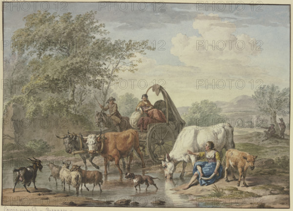 Shepherds drive a cart through the water, a shepherdess washes her feet by a white cow on the right. Creator: Aert Schouman.