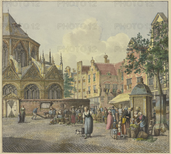 On the left, the chancel of a church; on the right, a well house with vegetable vendors, 18th cent. Creator: Johannes Huibert Prins.