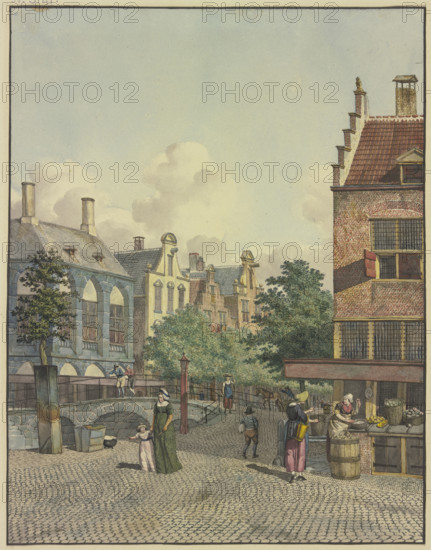 Stone bridge, a shop on the right, 18th century. Creator: Johannes Huibert Prins.