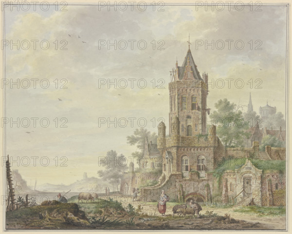 Town with an old tower by the water, a woman with a boy and two sheep in the foreground, 18th centur Creator: Pieter Bartholomeusz. Barbiers.