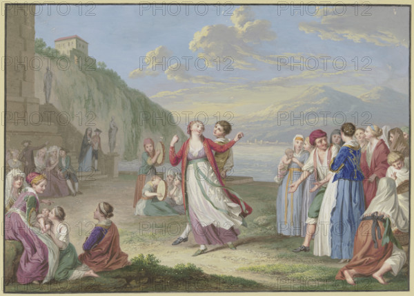 Italian peasants entertaining themselves by the lake with games and dancing..., 18th century. Creator: Friedrich Tischbein.
