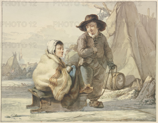 Girl on a sled, next to her a boy, in a camp, 18th century. Creator: Jacob van Strij.