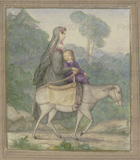 Mother and child riding on a donkey, 19th century. Creator: Unknown.
