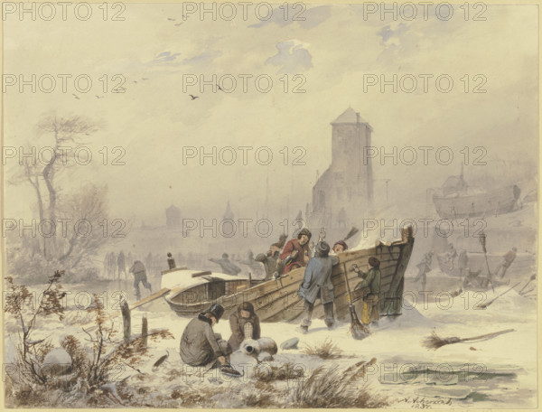 Boatman by a frozen ship, 1836-1837. Creator: Andreas Achenbach.