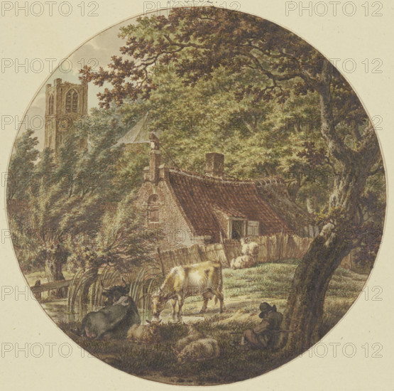 Hut in the woods with some cattle, a church tower on the left, 1788. Creator: Jacob Cats.